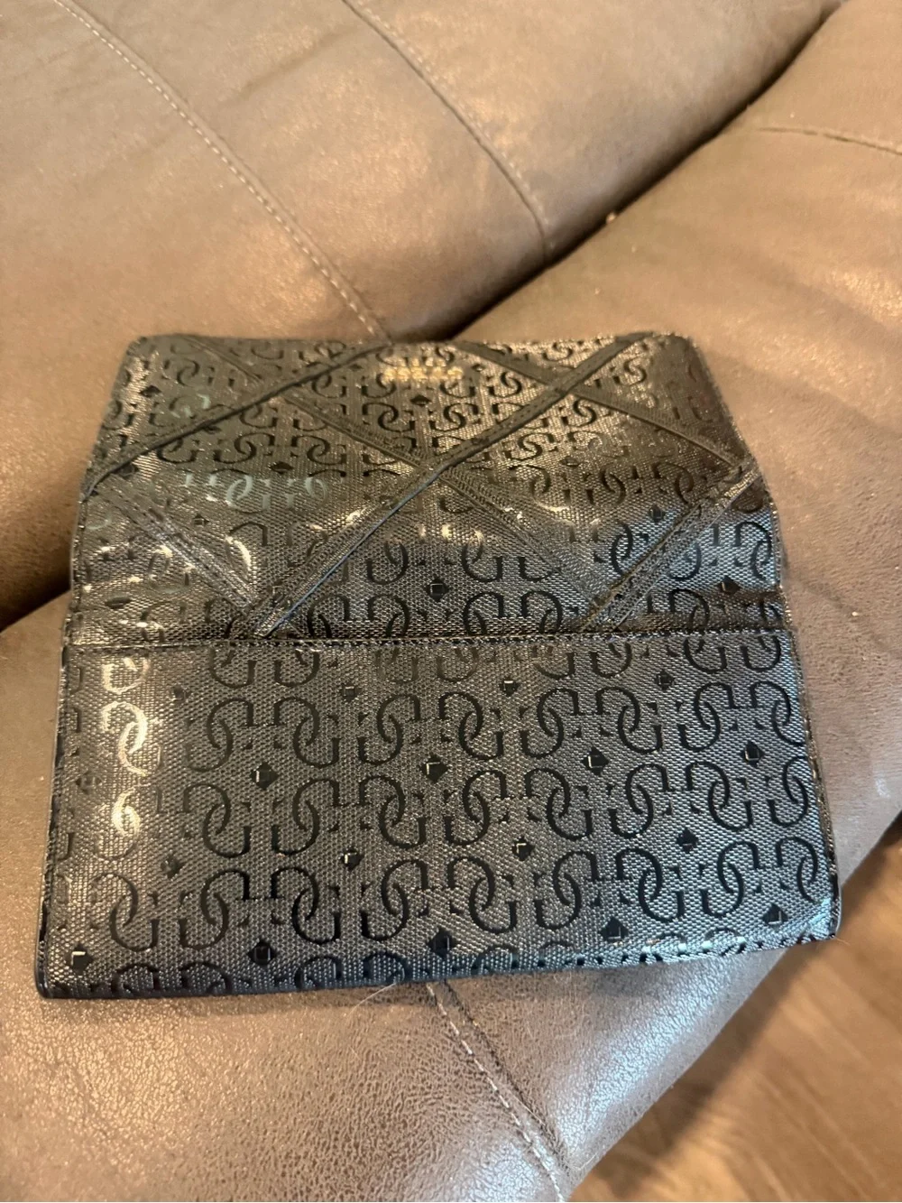 GUESS Black Logo Quilted Flap Wallet with Gold Hardware